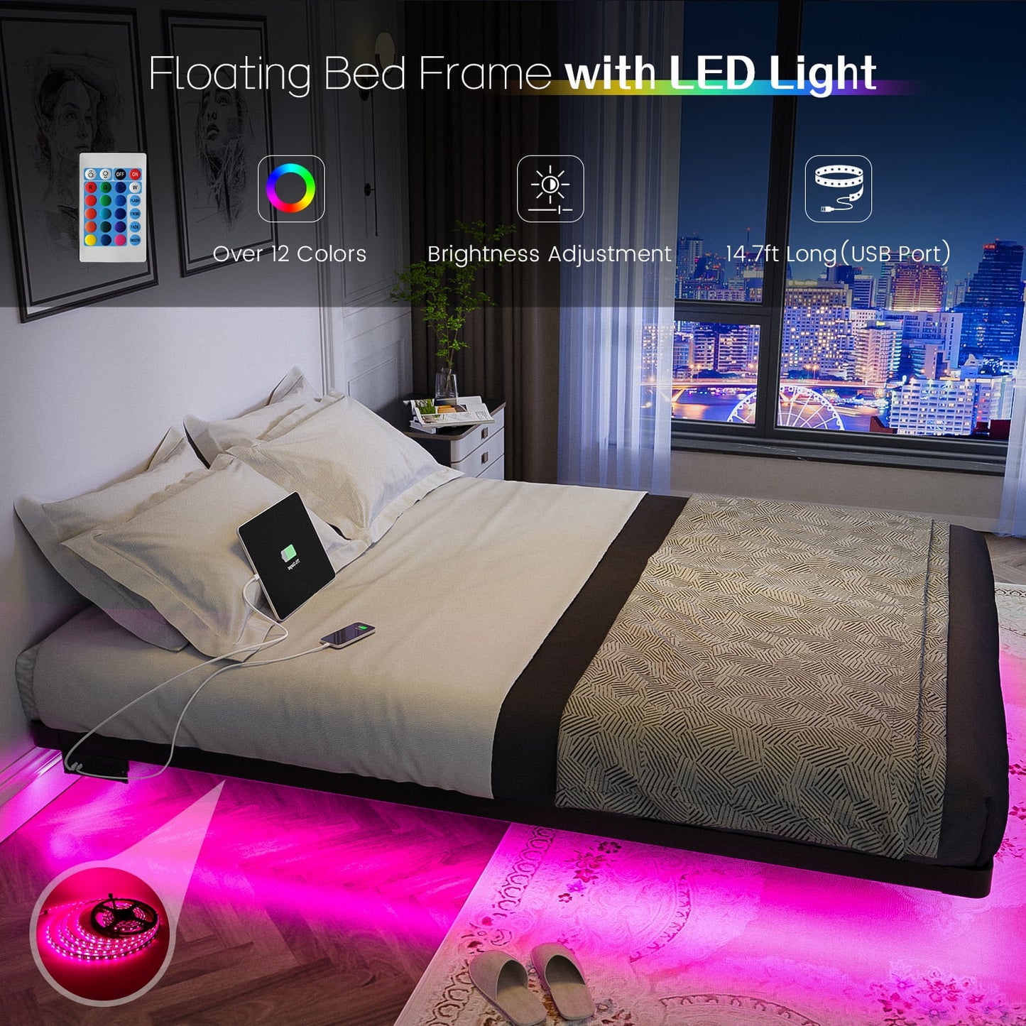 Modern Floating Queen Bed Frame with LED Lights and Charging Station No Box Spring Required