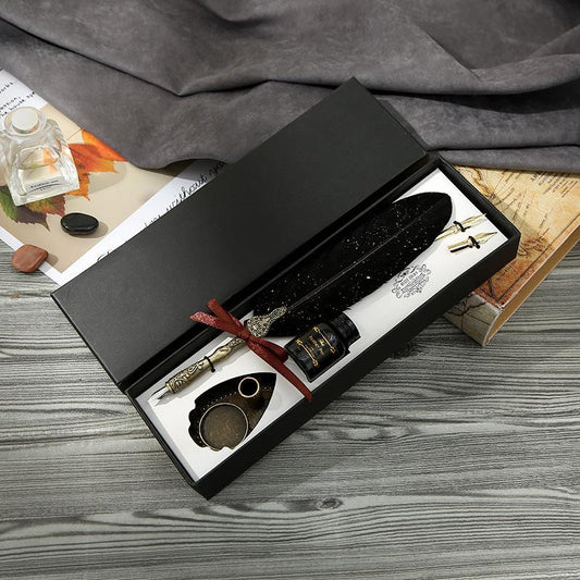 Vintage Feather Pen and Ink Set, Classic Series Goose Quill Pen with Carving Pen Stand, Calligraphy Pen Nibs, Black Dip Pen Ink, Antique Writing Gift for Birthdays & Holidays