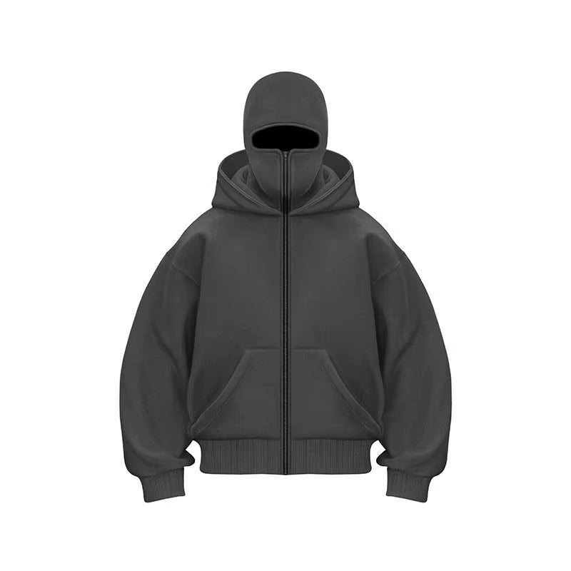 Adult Zipper Hooded Sweatshirt Soft Fleece Jacket with Hoodie Mask Men Women Windbreaker Casual Outwear Loose Sports Coat Tops