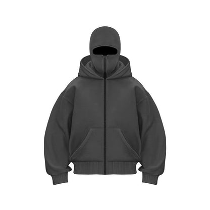 Adult Zipper Hooded Sweatshirt Soft Fleece Jacket with Hoodie Mask Men Women Windbreaker Casual Outwear Loose Sports Coat Tops