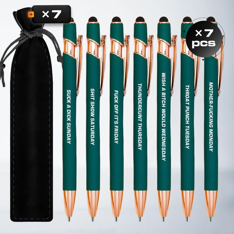 Seven Days Funny Ballpoint Pen Set with Pen Pouch Emotional Wording Retractable Black Ink Smooth Writing Pens Cute Office Supplies Teacher Student Gift Colorful Precision Pens
