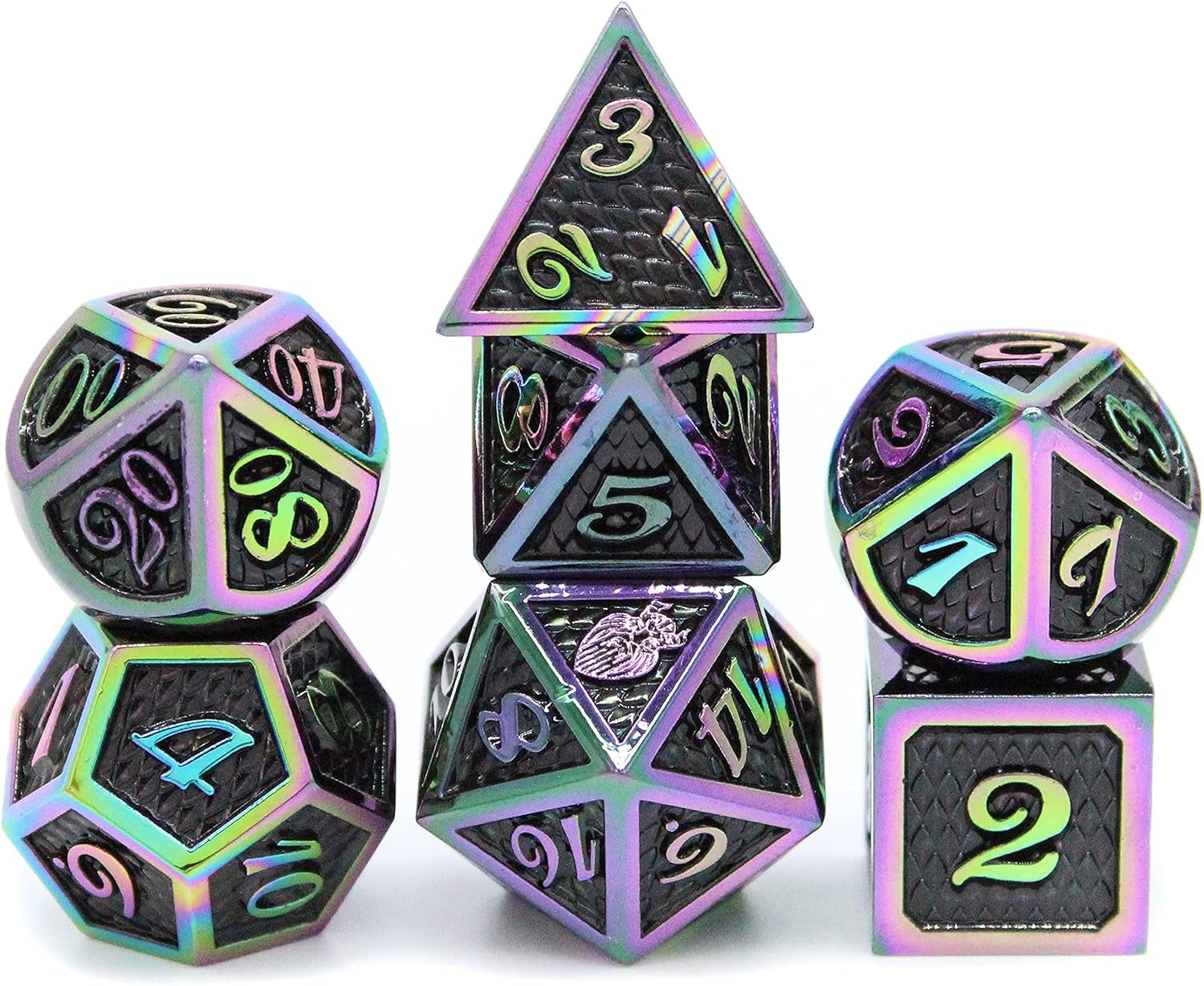 Metal DND Dice Set 7 Pcs - Dragonhide Design, 16Mm Size, Logo on D20; Metal Dice Set & Dice Box; D&D Dice Set D&D (Dungeons and Dragons Dice Set) - Jormungandr Series (Prismatic Dragon)