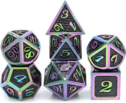 Metal DND Dice Set 7 Pcs - Dragonhide Design, 16Mm Size, Logo on D20; Metal Dice Set & Dice Box; D&D Dice Set D&D (Dungeons and Dragons Dice Set) - Jormungandr Series (Prismatic Dragon)