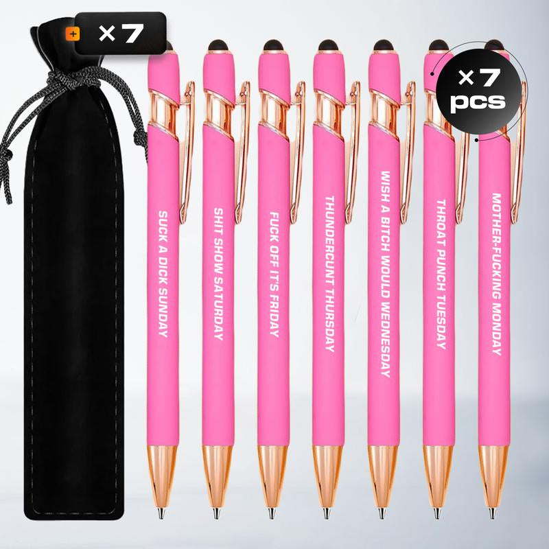 Seven Days Funny Ballpoint Pen Set with Pen Pouch Emotional Wording Retractable Black Ink Smooth Writing Pens Cute Office Supplies Teacher Student Gift Colorful Precision Pens