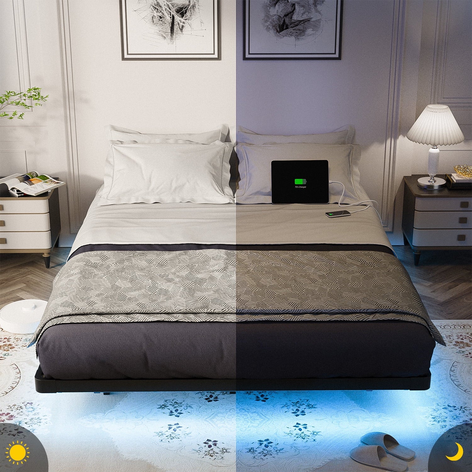 Modern Floating Queen Bed Frame with LED Lights and Charging Station No Box Spring Required