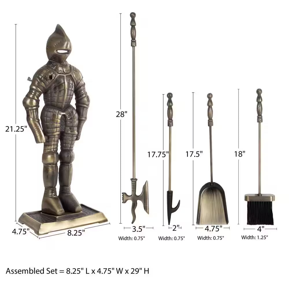 3-Piece Fireplace Tool Set and Medieval Knight Stand with Decorative Axe (Antique Brass)