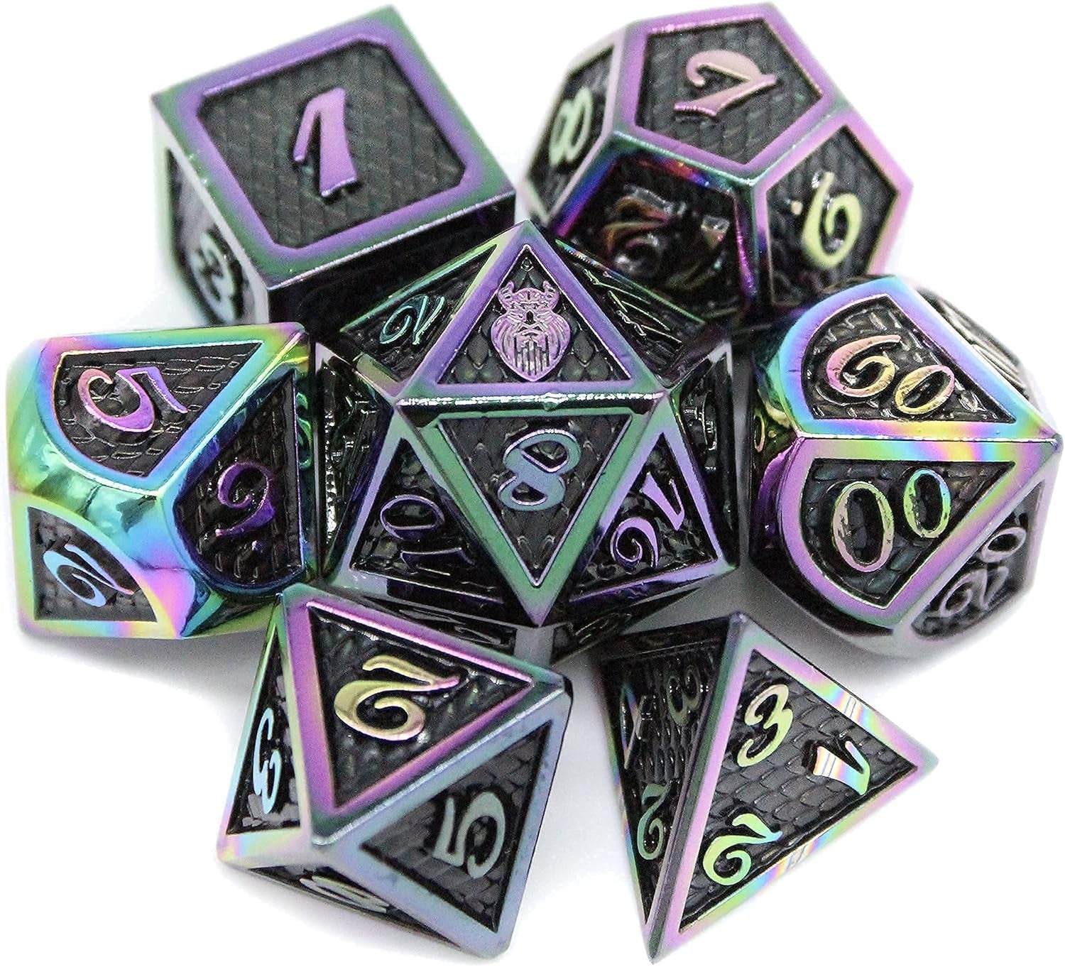 Metal DND Dice Set 7 Pcs - Dragonhide Design, 16Mm Size, Logo on D20; Metal Dice Set & Dice Box; D&D Dice Set D&D (Dungeons and Dragons Dice Set) - Jormungandr Series (Prismatic Dragon)