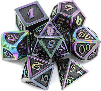 Metal DND Dice Set 7 Pcs - Dragonhide Design, 16Mm Size, Logo on D20; Metal Dice Set & Dice Box; D&D Dice Set D&D (Dungeons and Dragons Dice Set) - Jormungandr Series (Prismatic Dragon)