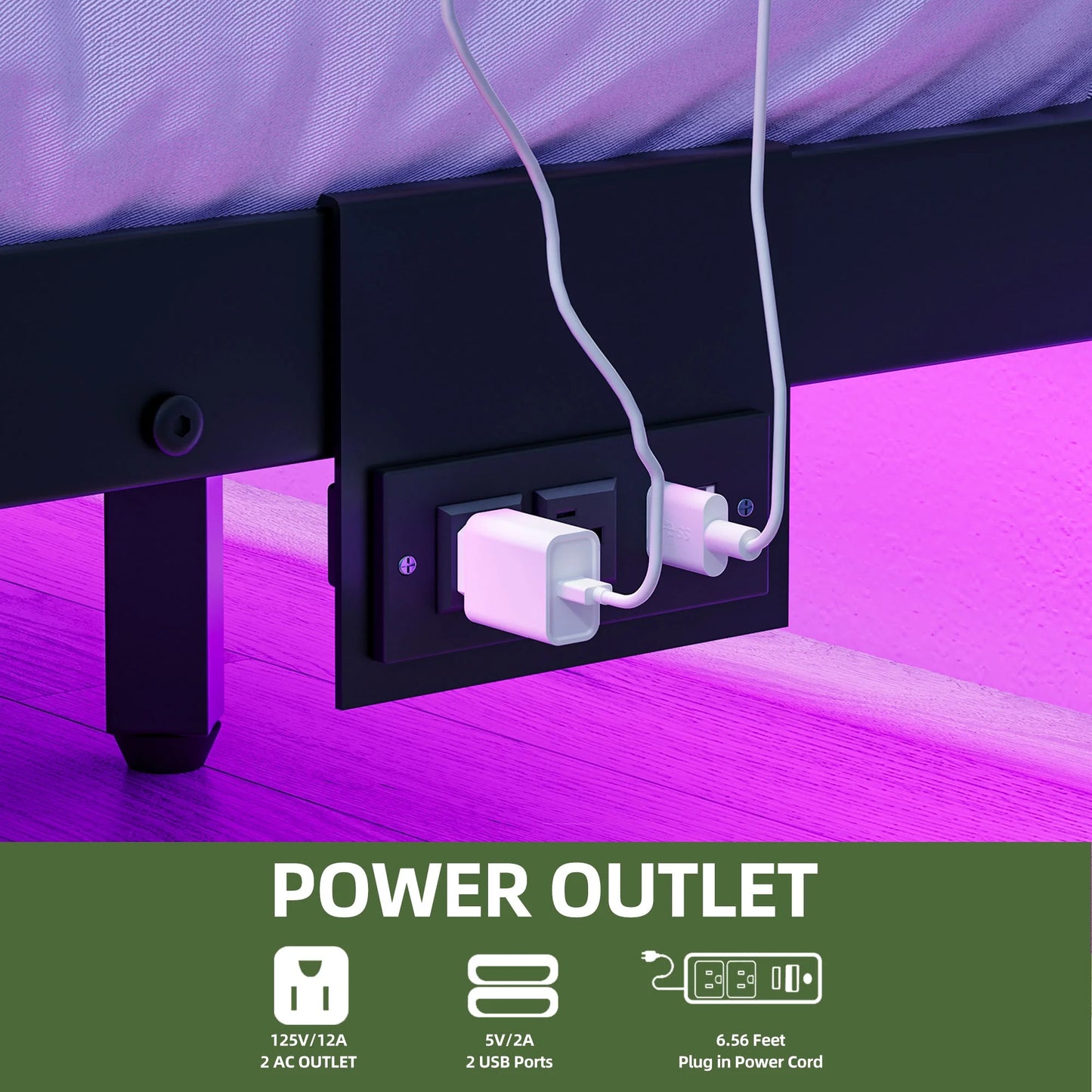 King Size Floating Bed Frame, LED Lights, Charging Station,No Box Spring Required, Black