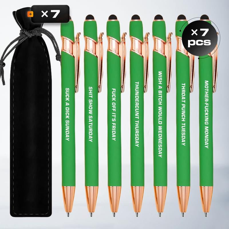 Seven Days Funny Ballpoint Pen Set with Pen Pouch Emotional Wording Retractable Black Ink Smooth Writing Pens Cute Office Supplies Teacher Student Gift Colorful Precision Pens