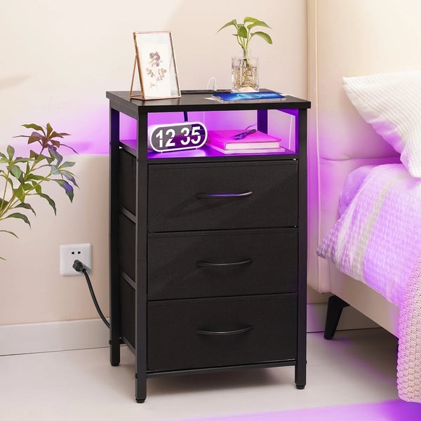 Night Stand with Charging Station, LED Nightstand with USB Ports and Outlets, End Table with Fabric Drawers and Storage Shelf, Black