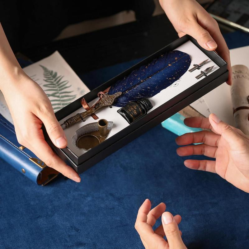 Vintage Feather Pen and Ink Set, Classic Series Goose Quill Pen with Carving Pen Stand, Calligraphy Pen Nibs, Black Dip Pen Ink, Antique Writing Gift for Birthdays & Holidays