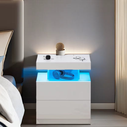 Modern LED Nightstand with Wireless Charging Station High Gloss Bedside Table for Bedroom Furniture