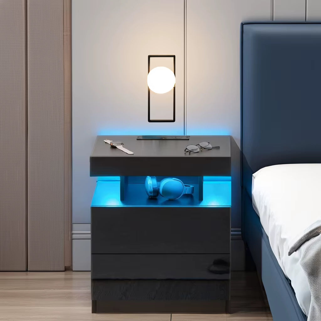 Modern LED Nightstand with Wireless Charging Station High Gloss Bedside Table for Bedroom Furniture