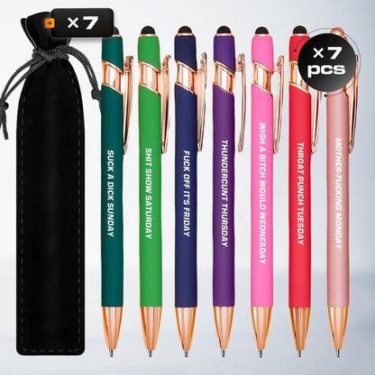 Seven Days Funny Ballpoint Pen Set with Pen Pouch Emotional Wording Retractable Black Ink Smooth Writing Pens Cute Office Supplies Teacher Student Gift Colorful Precision Pens