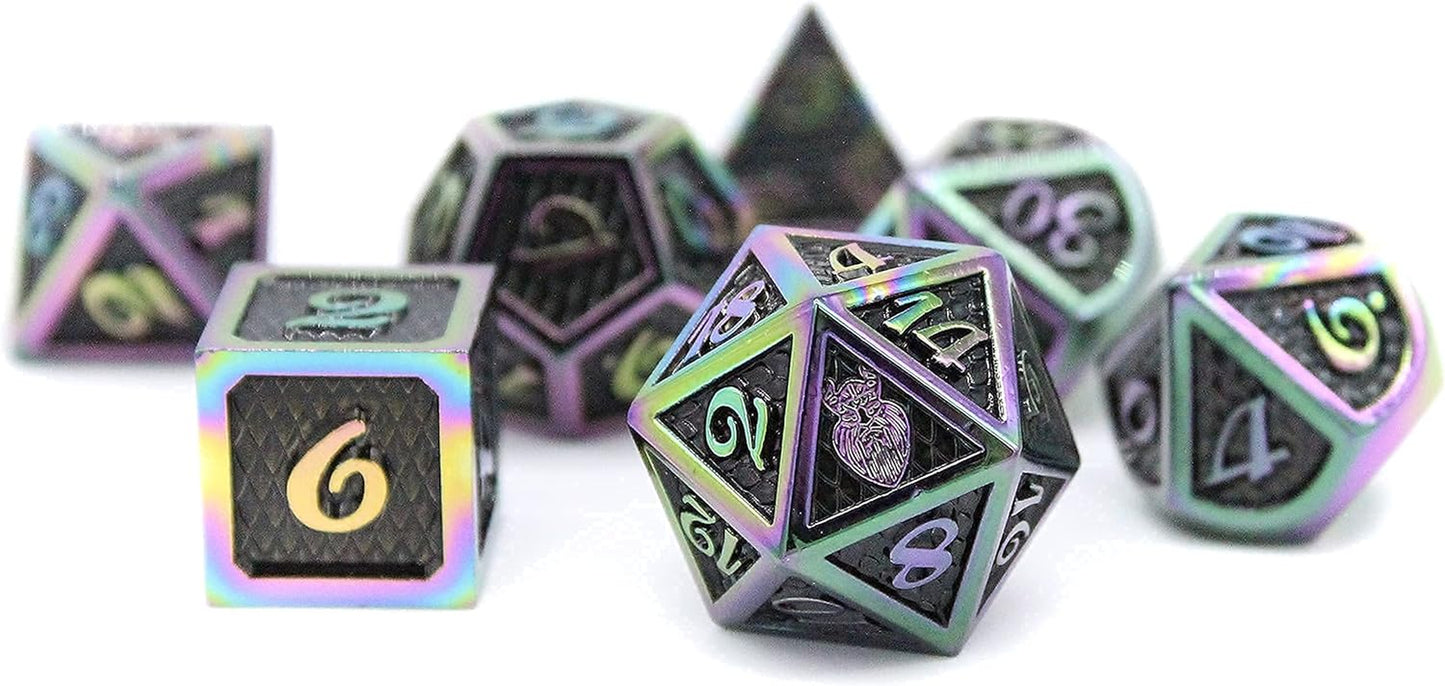 Metal DND Dice Set 7 Pcs - Dragonhide Design, 16Mm Size, Logo on D20; Metal Dice Set & Dice Box; D&D Dice Set D&D (Dungeons and Dragons Dice Set) - Jormungandr Series (Prismatic Dragon)