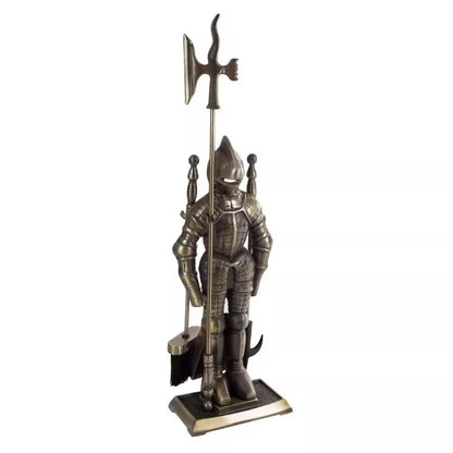 3-Piece Fireplace Tool Set and Medieval Knight Stand with Decorative Axe (Antique Brass)