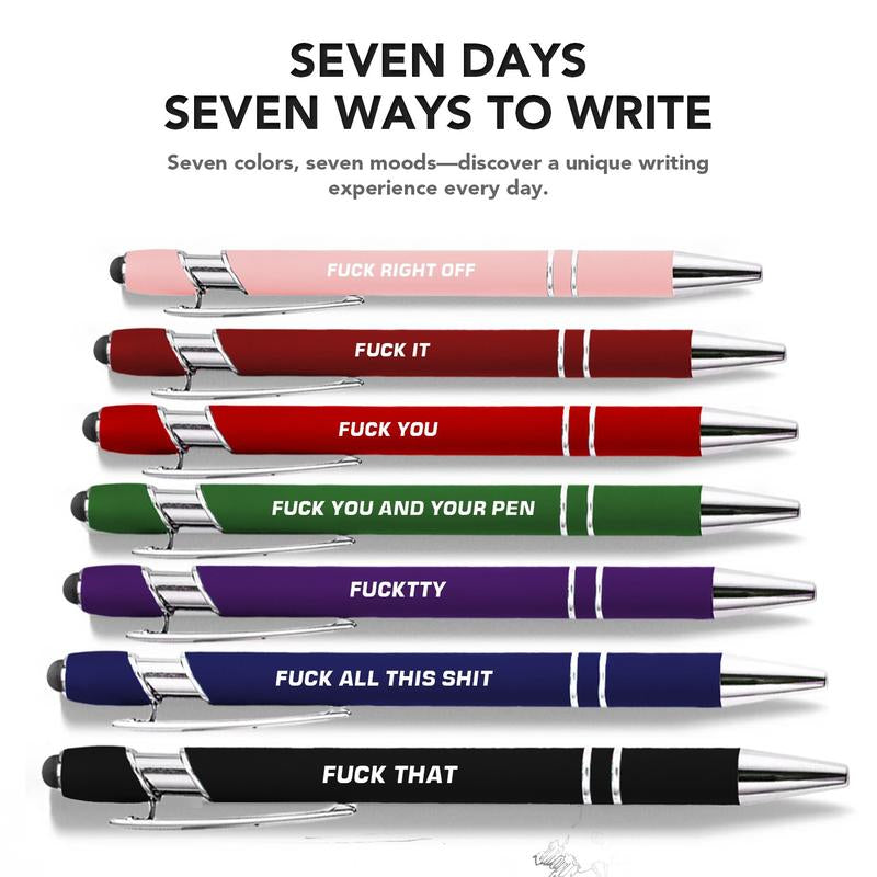 Seven Days Funny Ballpoint Pen Set with Pen Pouch Emotional Wording Retractable Black Ink Smooth Writing Pens Cute Office Supplies Teacher Student Gift Colorful Precision Pens