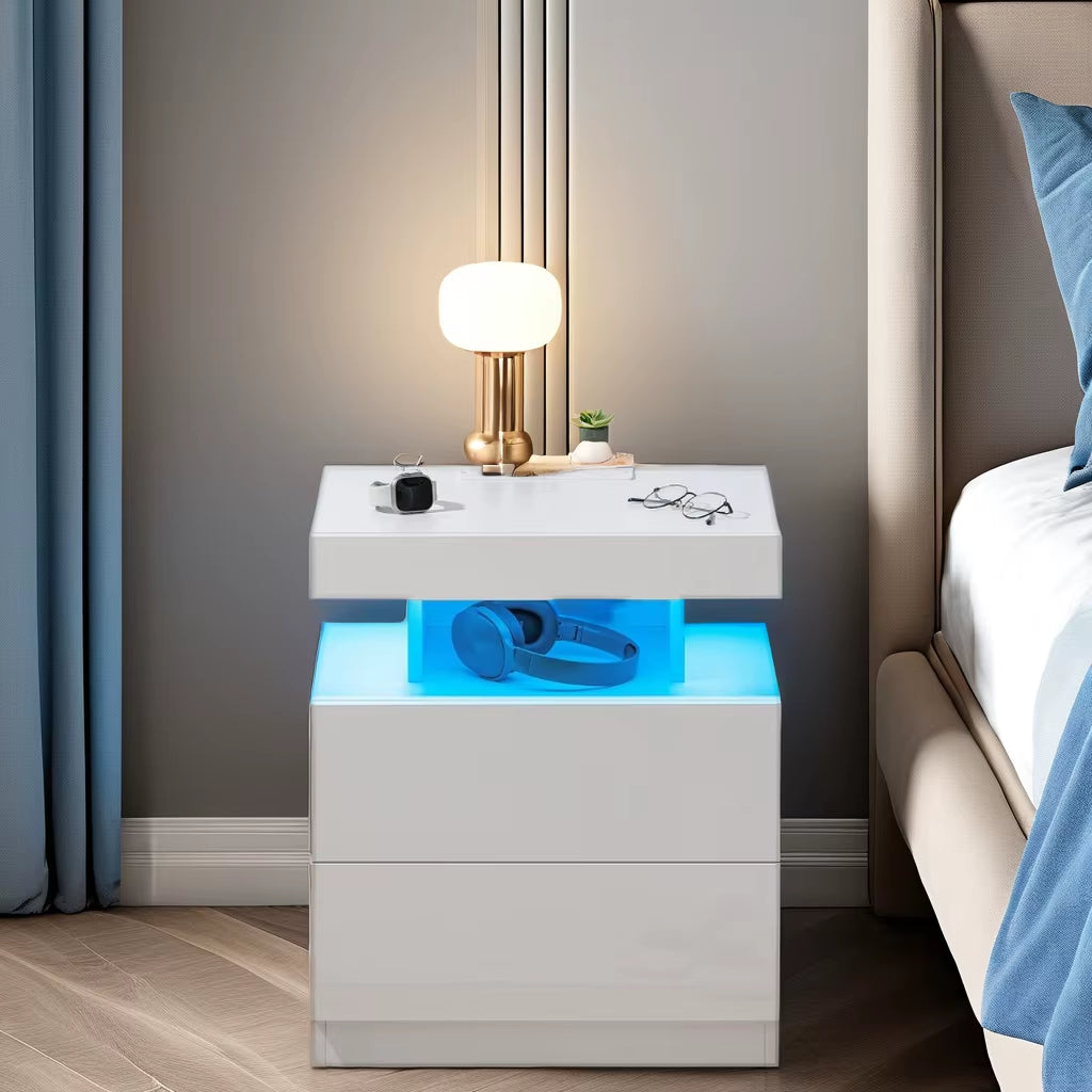 Modern LED Nightstand with Wireless Charging Station High Gloss Bedside Table for Bedroom Furniture