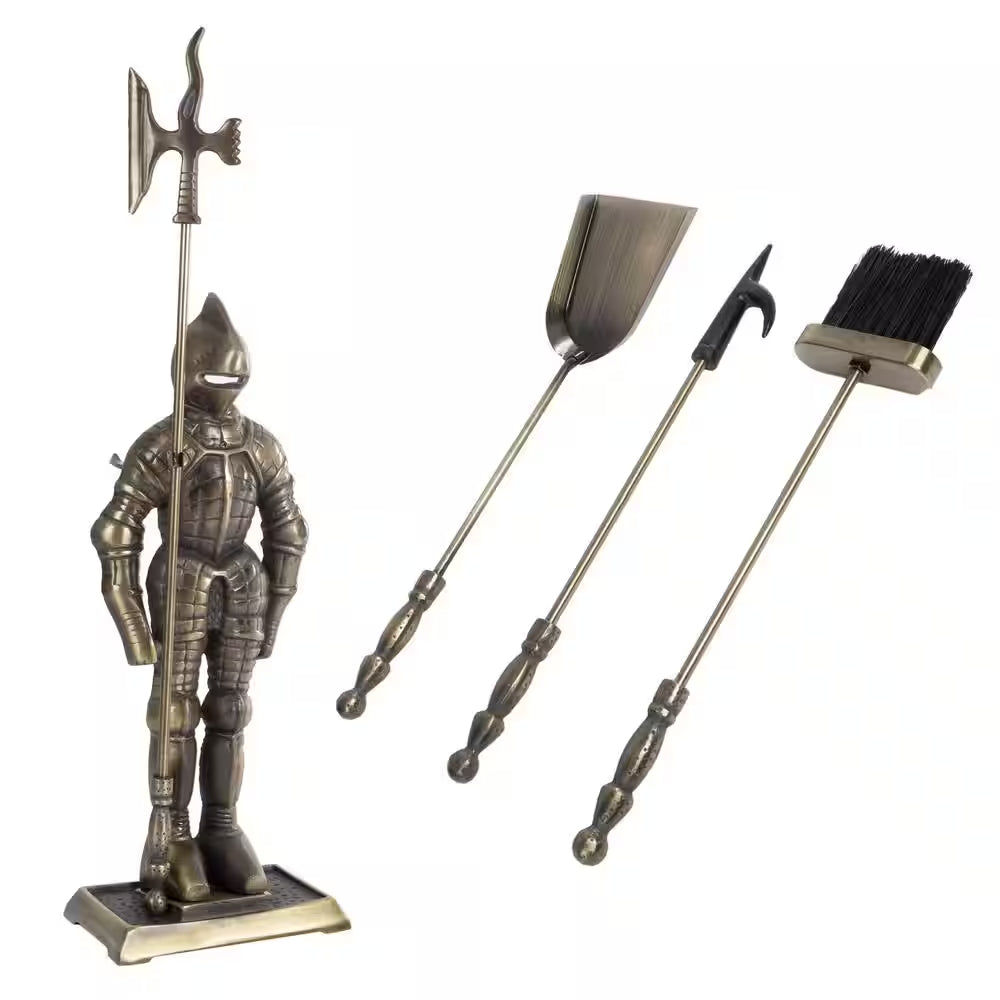3-Piece Fireplace Tool Set and Medieval Knight Stand with Decorative Axe (Antique Brass)