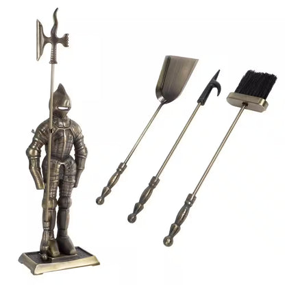 3-Piece Fireplace Tool Set and Medieval Knight Stand with Decorative Axe (Antique Brass)