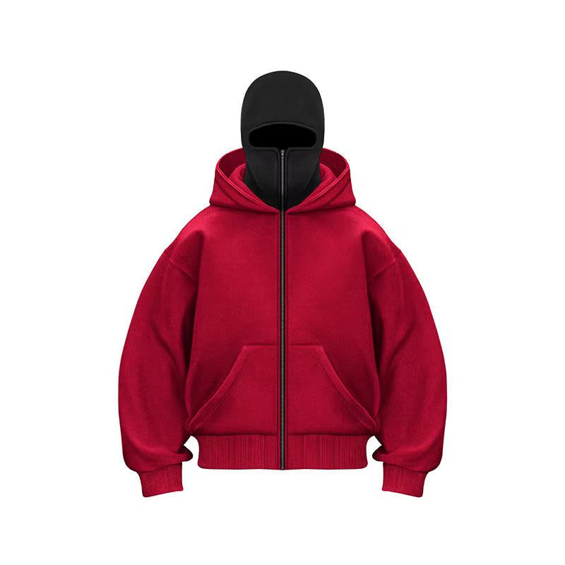 Adult Zipper Hooded Sweatshirt Soft Fleece Jacket with Hoodie Mask Men Women Windbreaker Casual Outwear Loose Sports Coat Tops