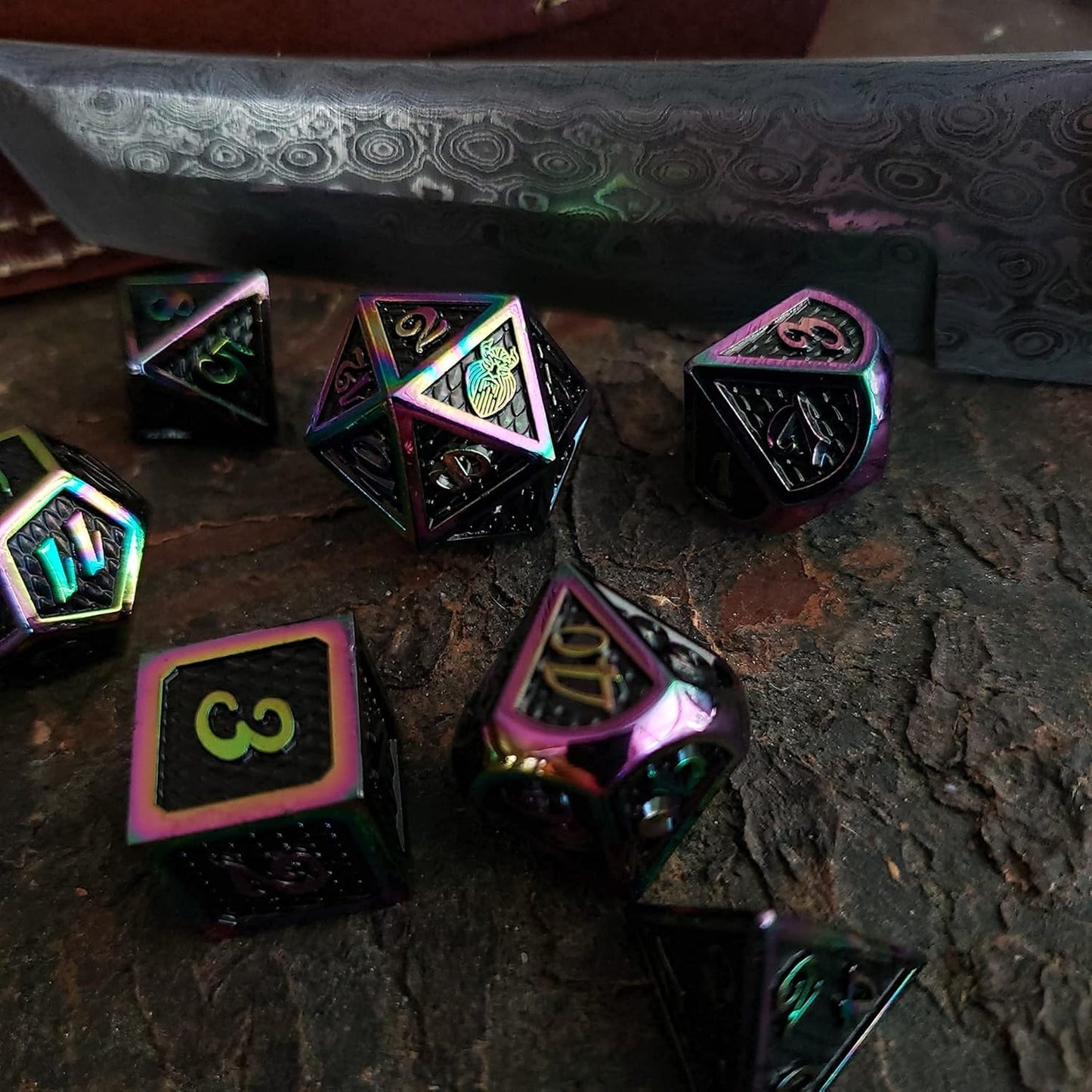 Metal DND Dice Set 7 Pcs - Dragonhide Design, 16Mm Size, Logo on D20; Metal Dice Set & Dice Box; D&D Dice Set D&D (Dungeons and Dragons Dice Set) - Jormungandr Series (Prismatic Dragon)