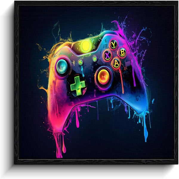 Gaming Controller Wall Art, Neon Paint Drips, Pop Art Wall Decor, Matte Finish Framed Canvas Print, Gamer Room Poster, for Bedroom Dorm Gift, 16X12 Inch