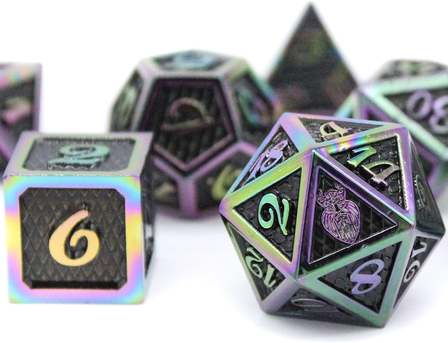 Metal DND Dice Set 7 Pcs - Dragonhide Design, 16Mm Size, Logo on D20; Metal Dice Set & Dice Box; D&D Dice Set D&D (Dungeons and Dragons Dice Set) - Jormungandr Series (Prismatic Dragon)