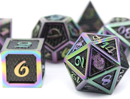 Metal DND Dice Set 7 Pcs - Dragonhide Design, 16Mm Size, Logo on D20; Metal Dice Set & Dice Box; D&D Dice Set D&D (Dungeons and Dragons Dice Set) - Jormungandr Series (Prismatic Dragon)