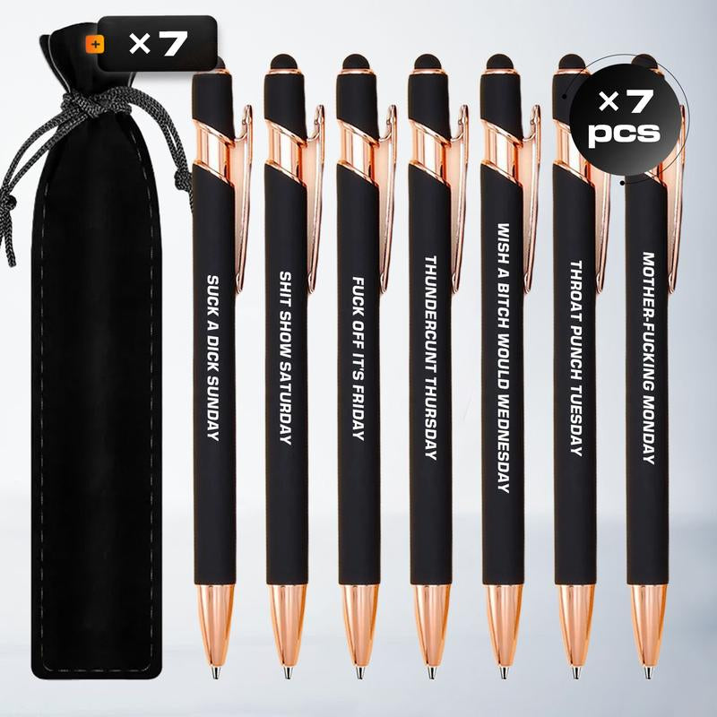 Seven Days Funny Ballpoint Pen Set with Pen Pouch Emotional Wording Retractable Black Ink Smooth Writing Pens Cute Office Supplies Teacher Student Gift Colorful Precision Pens