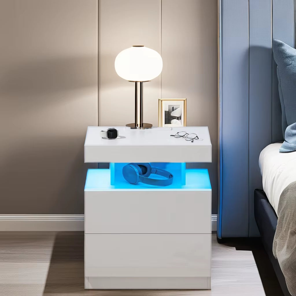 Modern LED Nightstand with Wireless Charging Station High Gloss Bedside Table for Bedroom Furniture