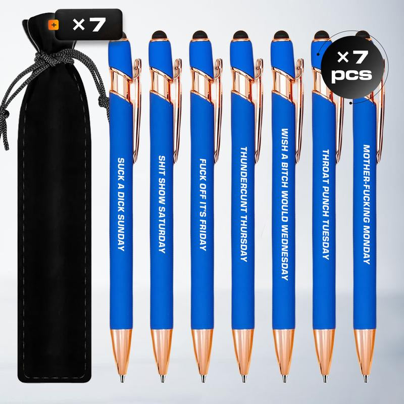 Seven Days Funny Ballpoint Pen Set with Pen Pouch Emotional Wording Retractable Black Ink Smooth Writing Pens Cute Office Supplies Teacher Student Gift Colorful Precision Pens