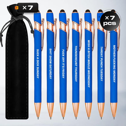 Seven Days Funny Ballpoint Pen Set with Pen Pouch Emotional Wording Retractable Black Ink Smooth Writing Pens Cute Office Supplies Teacher Student Gift Colorful Precision Pens
