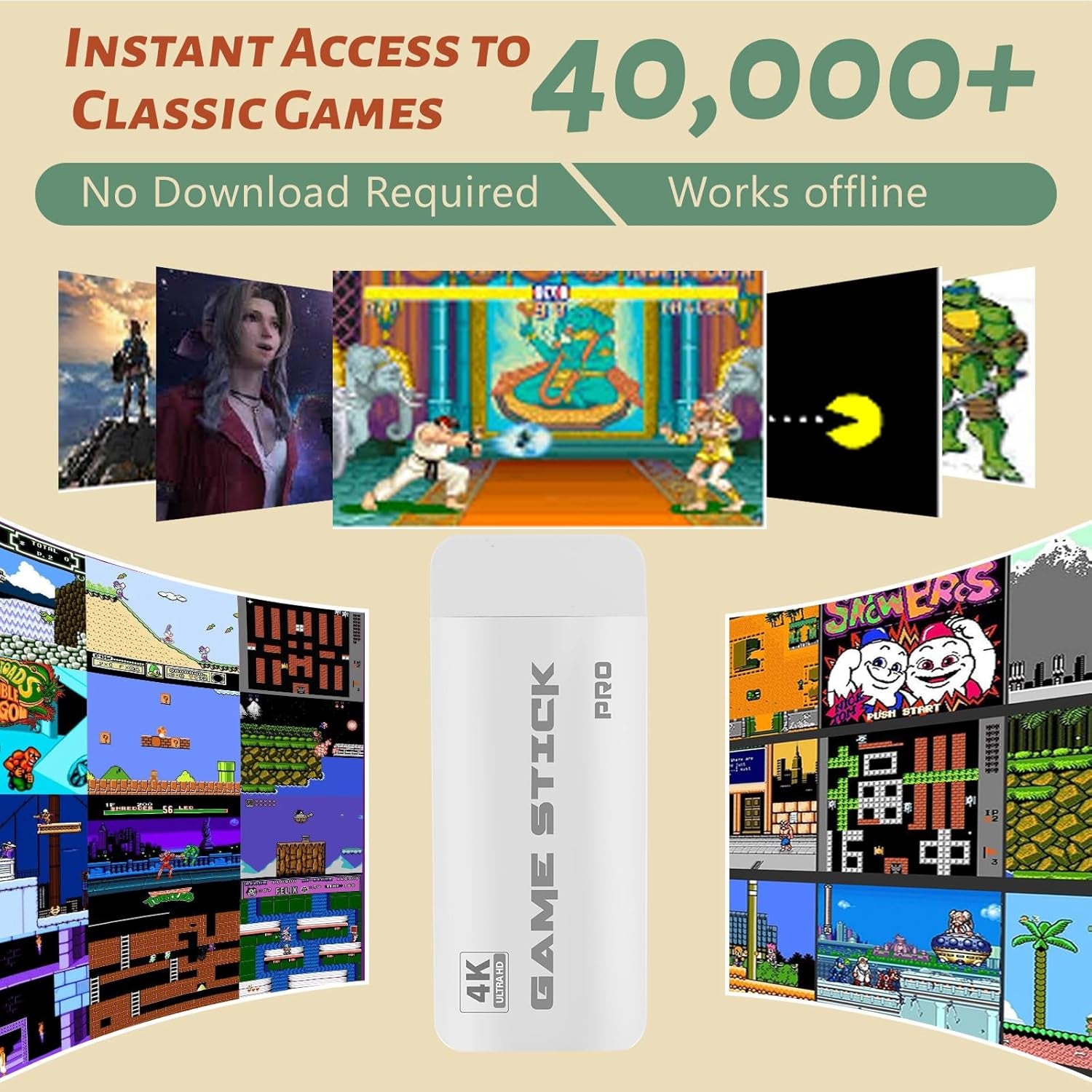 2025 Retro Gaming Console Pro 4K HDMI with 40,000+ Built-In Classic Video Games - Plug & Play Game Stick for TV with 2 Wireless Controllers | 23 Emulator Support 64GB