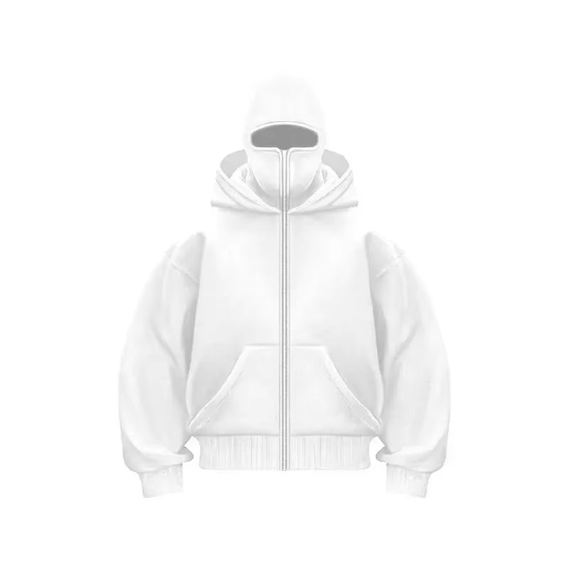 Adult Zipper Hooded Sweatshirt Soft Fleece Jacket with Hoodie Mask Men Women Windbreaker Casual Outwear Loose Sports Coat Tops