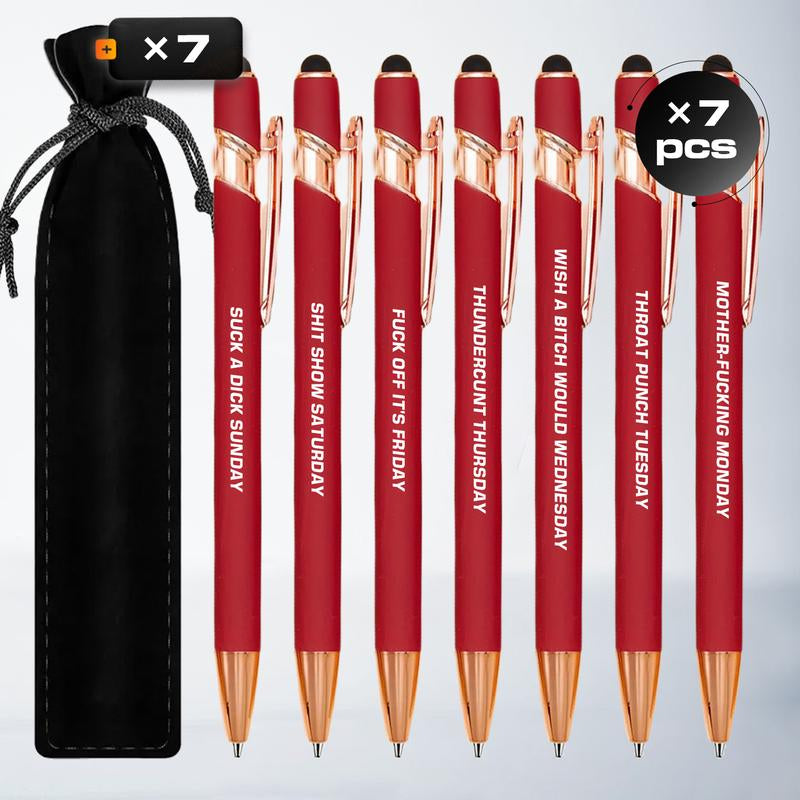 Seven Days Funny Ballpoint Pen Set with Pen Pouch Emotional Wording Retractable Black Ink Smooth Writing Pens Cute Office Supplies Teacher Student Gift Colorful Precision Pens