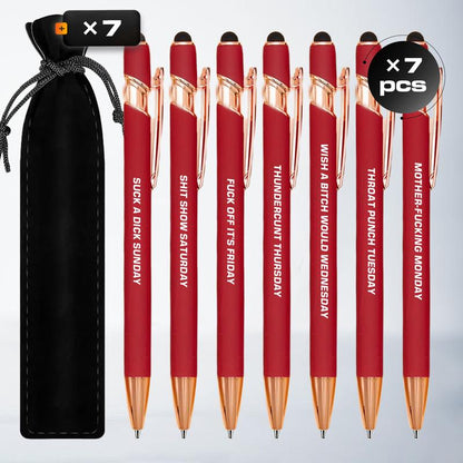 Seven Days Funny Ballpoint Pen Set with Pen Pouch Emotional Wording Retractable Black Ink Smooth Writing Pens Cute Office Supplies Teacher Student Gift Colorful Precision Pens