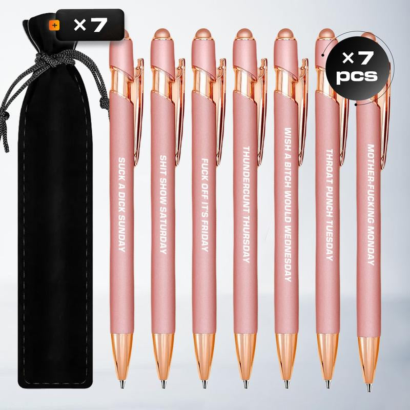 Seven Days Funny Ballpoint Pen Set with Pen Pouch Emotional Wording Retractable Black Ink Smooth Writing Pens Cute Office Supplies Teacher Student Gift Colorful Precision Pens