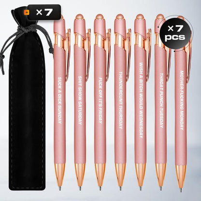 Seven Days Funny Ballpoint Pen Set with Pen Pouch Emotional Wording Retractable Black Ink Smooth Writing Pens Cute Office Supplies Teacher Student Gift Colorful Precision Pens