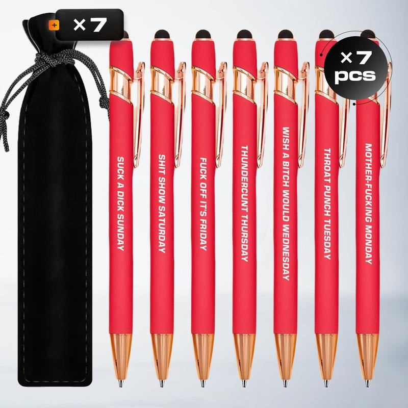 Seven Days Funny Ballpoint Pen Set with Pen Pouch Emotional Wording Retractable Black Ink Smooth Writing Pens Cute Office Supplies Teacher Student Gift Colorful Precision Pens