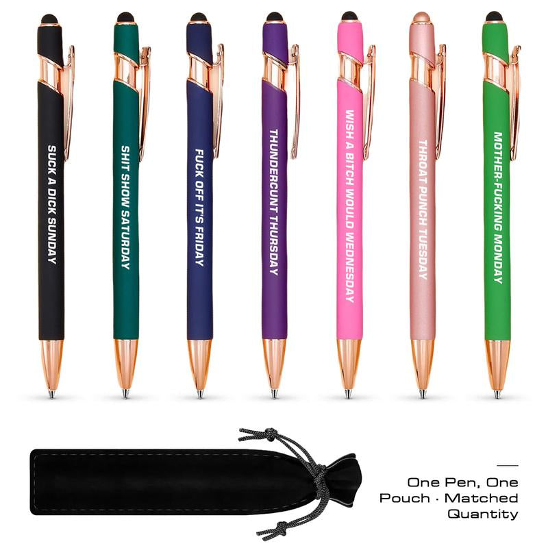 Seven Days Funny Ballpoint Pen Set with Pen Pouch Emotional Wording Retractable Black Ink Smooth Writing Pens Cute Office Supplies Teacher Student Gift Colorful Precision Pens