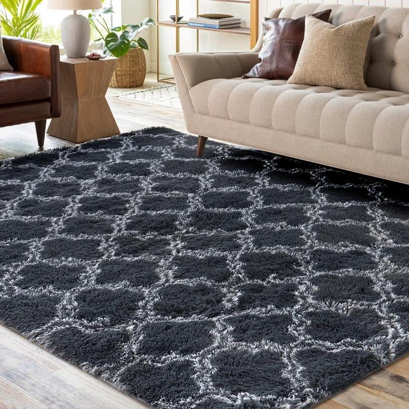 Modern Long Pile Polyester Fiber Rug, Fluffy Area Rug, Rectangular Carpet for Living Room & Bedroom, Home Use, Multiple Sizes Available