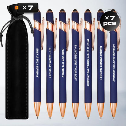 Seven Days Funny Ballpoint Pen Set with Pen Pouch Emotional Wording Retractable Black Ink Smooth Writing Pens Cute Office Supplies Teacher Student Gift Colorful Precision Pens