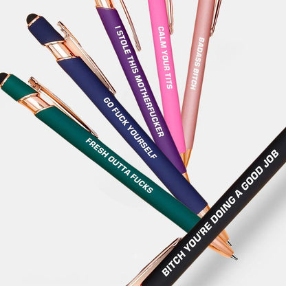 Seven Days Funny Ballpoint Pen Set with Pen Pouch Emotional Wording Retractable Black Ink Smooth Writing Pens Cute Office Supplies Teacher Student Gift Colorful Precision Pens