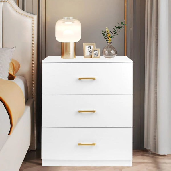 Nightstand, Modern 3 Drawer Nightstand, White Nightstand with Gold Handle, Wooden Bedside Storage Cabinet Unit for Bedroom/Small Space