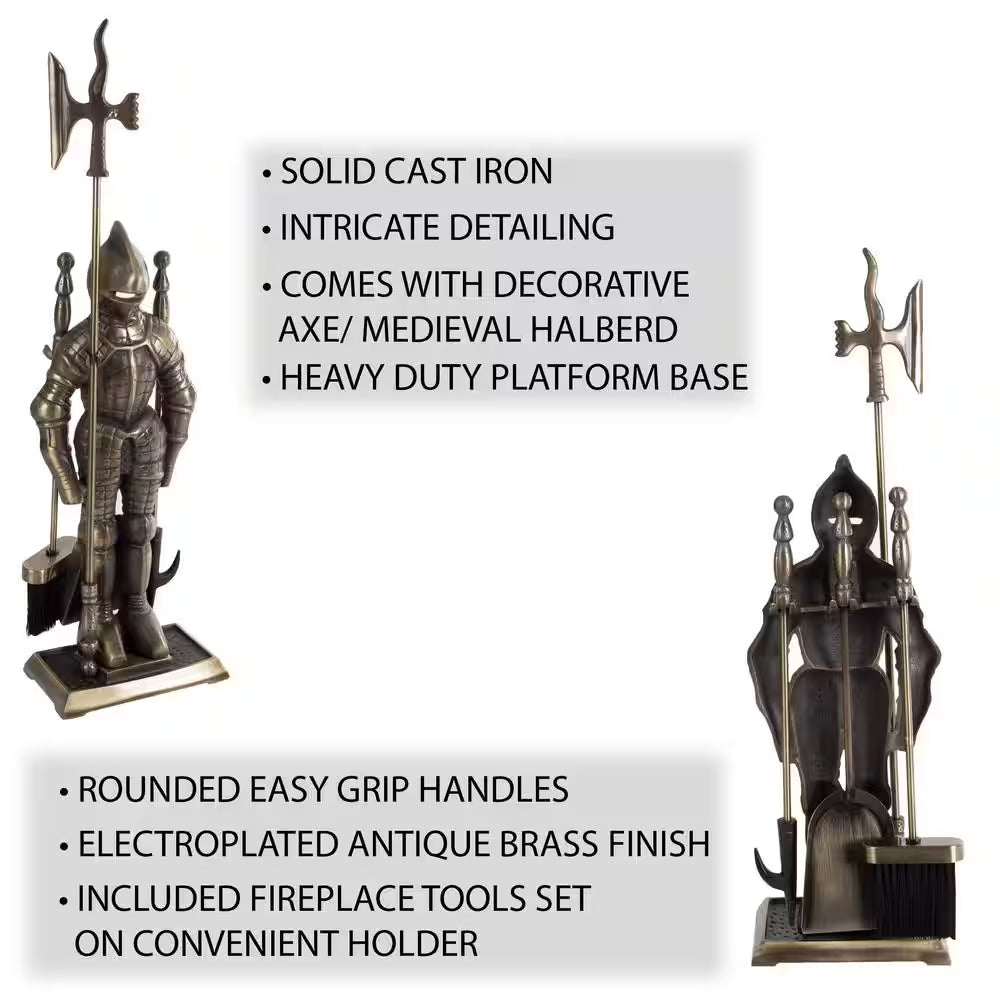 3-Piece Fireplace Tool Set and Medieval Knight Stand with Decorative Axe (Antique Brass)