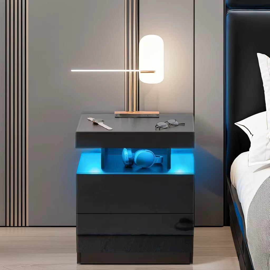 Modern LED Nightstand with Wireless Charging Station High Gloss Bedside Table for Bedroom Furniture
