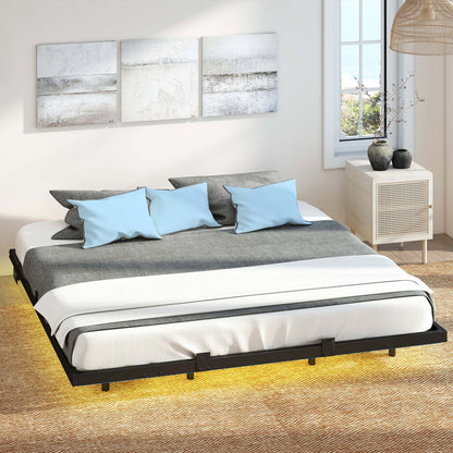King Size Floating Bed Frame, LED Lights, Charging Station,No Box Spring Required, Black