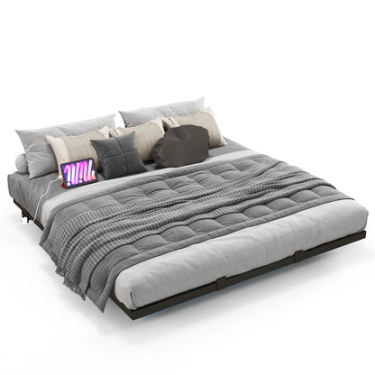 King Size Floating Bed Frame, LED Lights, Charging Station,No Box Spring Required, Black